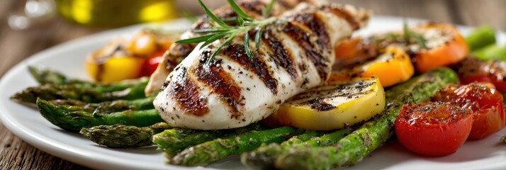 Grilled Chicken With Fresh Vegetables Served on a White Plate With Herbs and Olive Oil Background