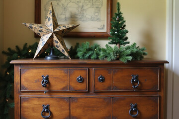 Vintage wooden chest of drawers decorated for Christmas. A decorative star and a small green Christmas tree with garland lights on a chest of drawers with a Christmas tree garland. 3d rendering.