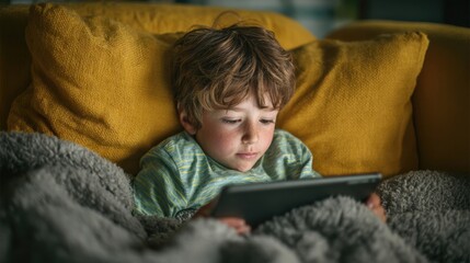 布団の中でタブレットを見る子供