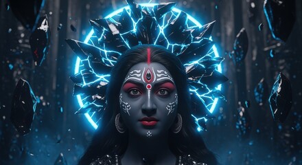 Goddess kali with glowing blue aura and intricate face paint in a dark, mystical setting