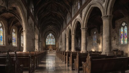 Fototapeta premium Interior of a stone church with rows of pews, stained glass, and arched ceilings