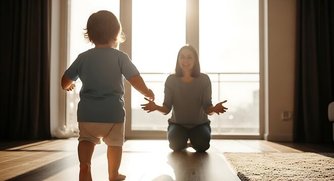 Babys First Steps Cheerful Mother Encouraging Toddler in a Bright Living Room.