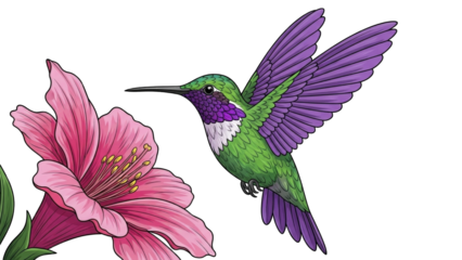 green and purple hummingbird hovering near a large pink flower with a white background.