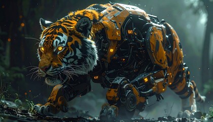 Tiger robot in a misty forest
