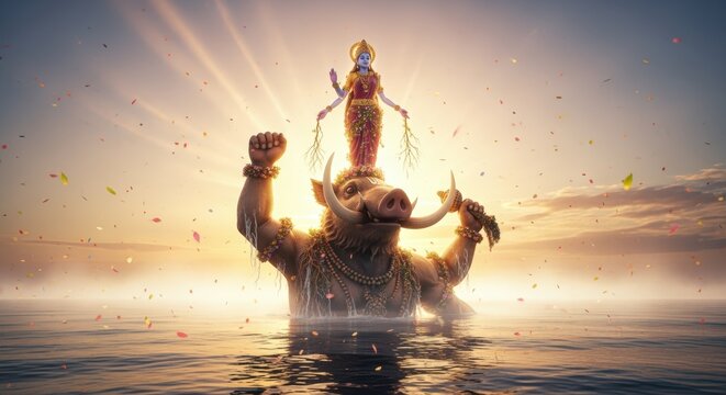 Varaha, the boar avatar of vishnu, rescues bhudevi from the cosmic ocean at sunrise