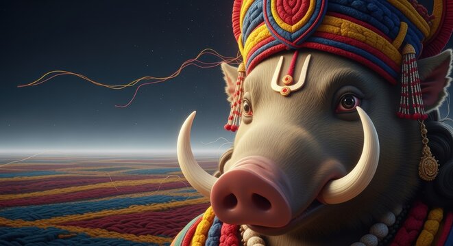 Varaha avatar of vishnu, a boar god, adorned in colorful traditional attire, closeup portrait