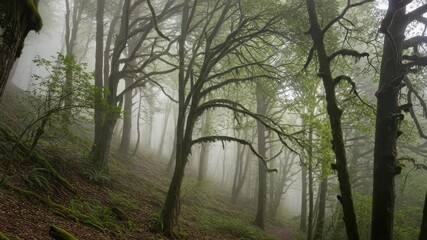 dense misty forest features moss-covered gnarled trees with bare and leafy branches The steep verdant ground is covered in moss roots and ferns with dirt path winding into the fog - Powered by Adobe