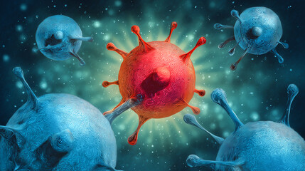 면역 방어체계, 바이러스를 공격하는 세포를 보여주는 일러스트-Illustration showing the immune defense system, cells that attack viruses