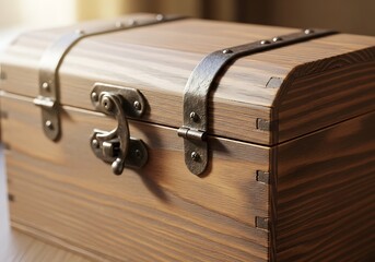 A close up of a rustic wooden chest with metal fittings displaying meticulous craftsmanship and storage solutions