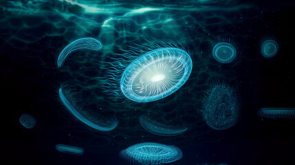 물속에 떠 있는 추상적인 발광 생물을 보여주는 일러스트-Illustration showing an abstract luminescent creature floating in water