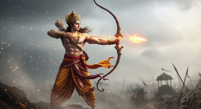 Lord rama in action, drawing his bow and arrow with a fiery projectile, symbolizing divine power and combat prowess