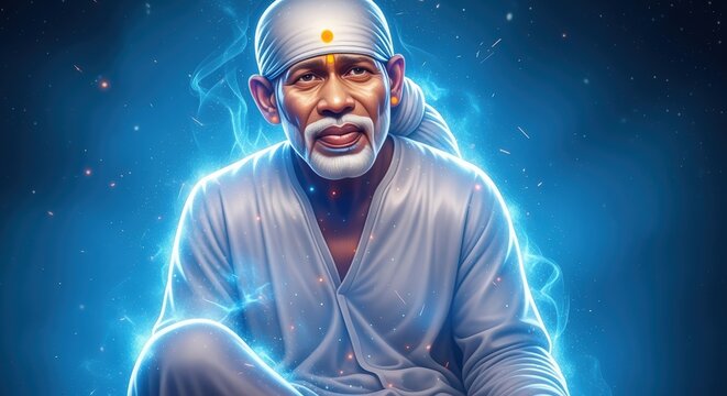 Sai baba glowing with divine blue energy, a spiritual leader radiating peace and wisdom