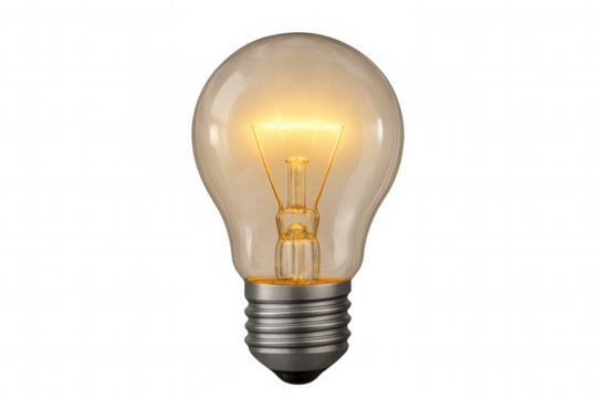 Incandescent light bulb illuminating, symbolizing innovation, electricity, and creative thought. Transparent background for versatile use