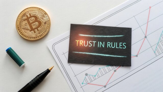 Trust in Rules - Conceptual Image Featuring Cryptocurrency, Business Card, and Financial Charts