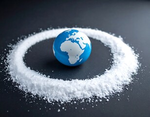 Tiny blue Earth globe encircled by white powder on dark background