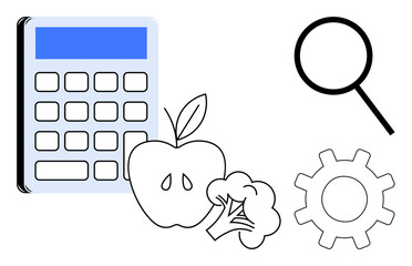 Calculator beside apple, broccoli, gear, and magnifying glass. Ideal for health tracking, diet planning, food analysis, nutrition calculation research productivity education concepts. Simple flat