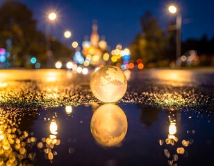 Tiny globe in puddle, city lights
