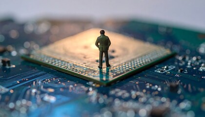 Tiny figure stands on a computer chip