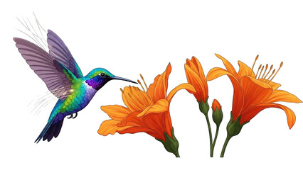 Obraz premium Hummingbird approaching orange lilies, wings spread, iridescent feathers, detailed illustration.