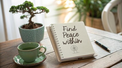 Inspirational workspace with notebook, pen, green tea cup and bonsai plant promoting mindfulness and tranquility in life
