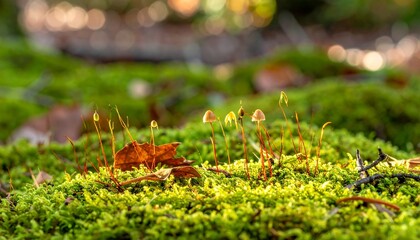Tiny mushrooms on moss bed