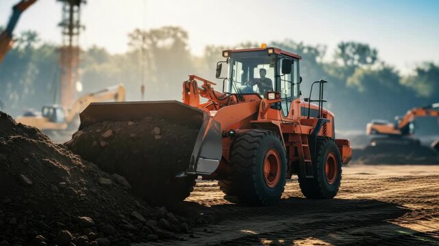 orange heavy-duty loader with large bucket full of earth moves dark soil pile on sunlit construction site A worker operates the machine with other equipment blurred in the background