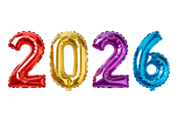 Colorful foil balloons in red, gold, purple, and blue form the year 2026, suitable for festive occasions.