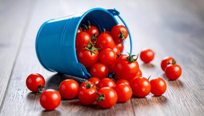Tiny red tomatoes spill from a blue bucket