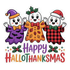 Three cute ghosts celebrating Hallothanksmas with festive outfits