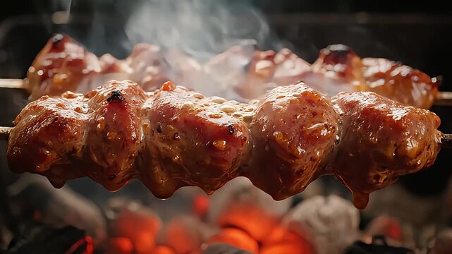 Grilling delicious chicken skewers at a backyard bbq outdoor setting food photography close-up view