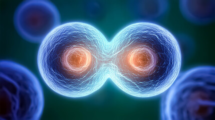 미시적 세계에서 분열중인 세포를 보여주는 일러스트-Illustration showing a dividing cell in the microscopic world 