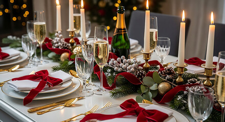 Festive Holiday Table Setting with Champagne and Elegant Decorations for Christmas Celebration