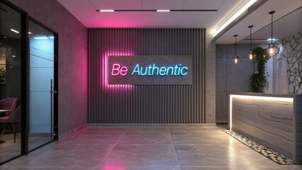 Modern office interior with neon sign that states Be Authentic, stylish lighting, and contemporary decor