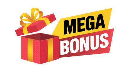 Exciting mega bonus announcement with a red gift box and yellow ribbon 