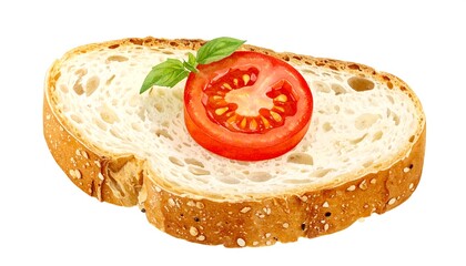 Toasted bread slice topped with tomato slice and basil