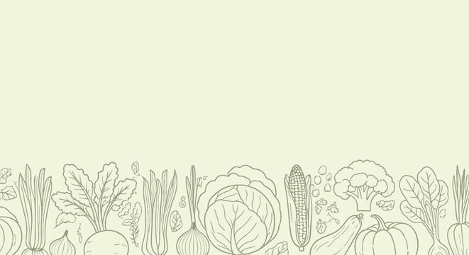 A charming hand-drawn vector illustration featuring a seamless pattern of various fresh vegetables and greens, perfect for food-related designs. - Powered by Adobe