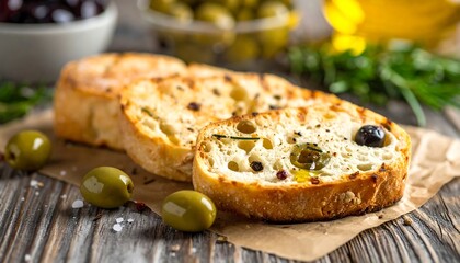Toasted bread slices with olives and herbs