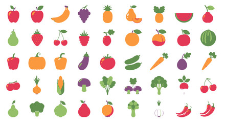 A vibrant vector illustration showcases a diverse assortment of fresh, colorful fruits and vegetables, perfect for health-conscious designs and culinary-themed projects, in a clean, modern style.