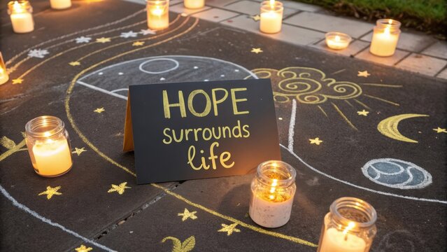Bright and Inspirational Chalk Drawing on Pavement with Candles Signifying Hope and Life in Urban Setting