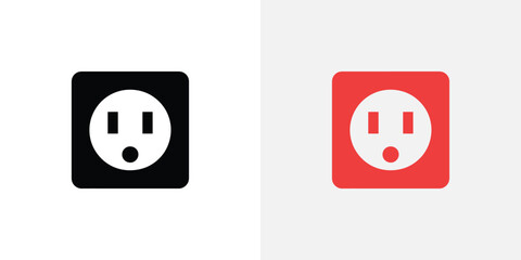 Electrical Outlet Icon Symbol, Black, Red Power Socket Isolated on White Background