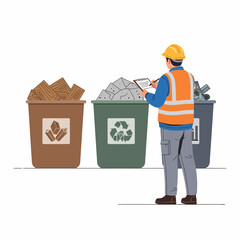 Construction worker reviewing waste sorting bins with clipboard.