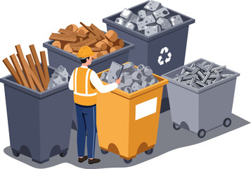 Construction worker sorting materials in recycling bins.