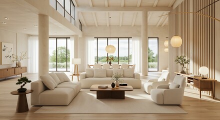Fototapeta premium Modern interior japandi style design livingroom. Lighting and sunny scandinavian apartment with plaster and wood. 3d render illustration.
