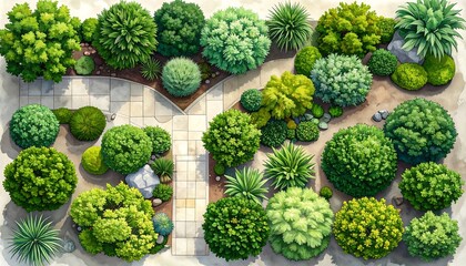 Top-down view of a meticulously designed garden with various shrubs and trees