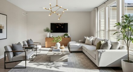 Modern living room with a light gray sectional sofa two armchairs a geometric chandelier concrete coffee table and large sunlit windows