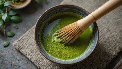 Overhead shot of matcha tea being whisked in a ceramic bowl, traditional Japanese tea ceremony, bamboo whisk, peaceful mood, natural tones