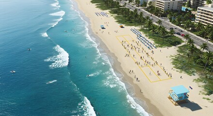 Aerial view of a crowded beach with turquoise water waves and buildings along the coastline street