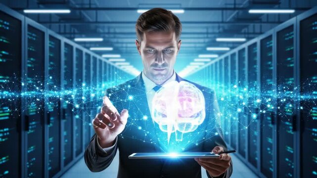 focused man in suit interacts with glowing holographic brain and vast data network emanating from his tablet in futuristic server room This symbolizes advanced technology and artificial intelligence - Powered by Adobe