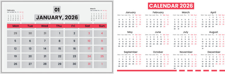 2026 English Calendar template vector design in weekly and monthly layout. English calendar week starts on Sunday with editable font