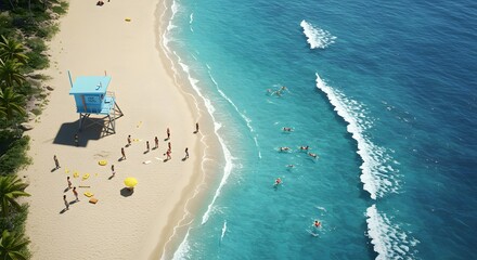 Aerial view of a crowded beach with a lifeguard tower and swimmers in the ocean on a sunny day time